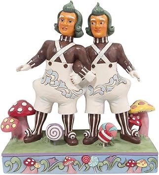 Enesco进口代理批发 Enesco Willy Wonka 和吉姆・肖尔 (Jim Shore) 设计的巧克力工厂 Oompa Loompas 并排雕像，5.375 英寸，多色