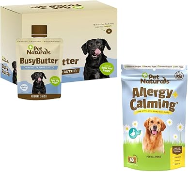 酷牌库|商品详情-Pet Naturals进口代理批发 Pet Naturals BusyButter 易挤压狗用镇静花生酱，6 袋和狗用过敏加镇定补充剂，60 粒咀嚼片