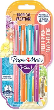 Paper Mate进口代理批发 Paper Mate Flair 毡尖笔 |中号尖端 (0.7 毫米) |热带度假色彩| 4 计数