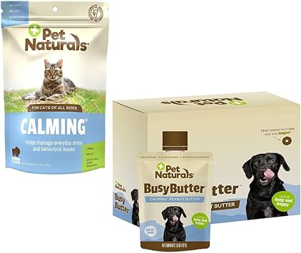 Pet Naturals进口代理批发 Pet Naturals 猫用镇静咀嚼片，30 粒咀嚼片和 BusyButter 狗用易挤镇静花生酱，6 袋