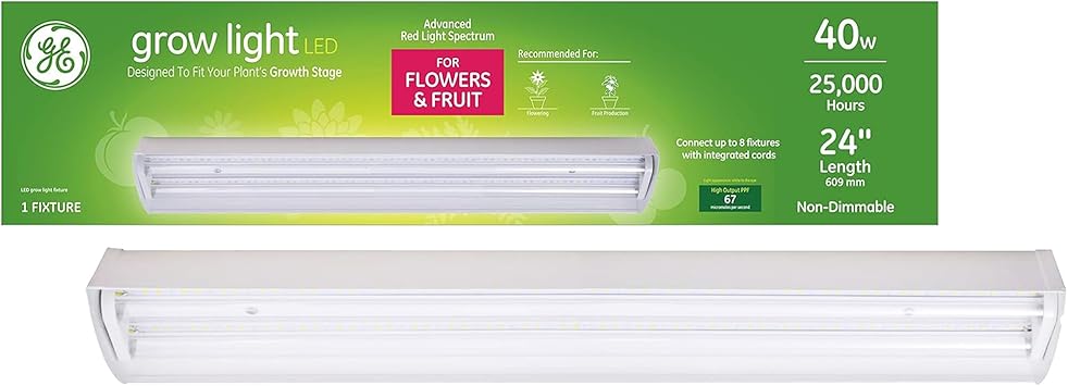 GE进口代理批发 GE LED 室内植物生长灯，集成 LED 灯具，带室内花卉和水果植物灯，高级红光谱，25,000 小时使用寿命，67 PPF，24 英寸，1 件装