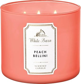 Bath & Body Works进口代理批发 Bath & Body Works White Barn Peach Bellini 3 芯香薰蜡烛，含精油 14.5 盎司/411 克