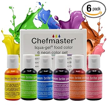 Chefmaster进口代理批发 Chefmaster - Neon Liqua-Gel 食用色素 - 防褪色 - 6 包 20 毫升瓶装 - 令人惊叹的鲜艳色彩，轻盈且易于混合的配方