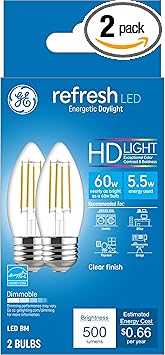 GE进口代理批发 GE Refresh LED 灯泡，蜡烛灯，60 瓦，日光透明装饰 B11 灯泡，中号底座（8 件装）