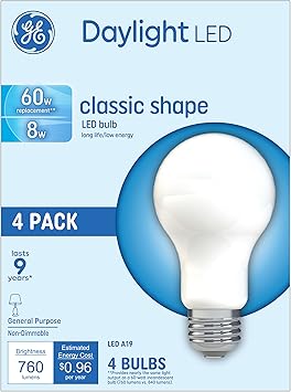 GE进口代理批发 GE LED 灯泡，60 瓦，日光，A19（4 件装）