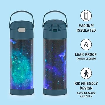 酷牌库|商品详情-THERMOS进口代理批发 THERMOS FUNTAINER 16 盎司银河青色和哑光木炭不锈钢真空隔热水瓶带喷嘴盖 2 件装