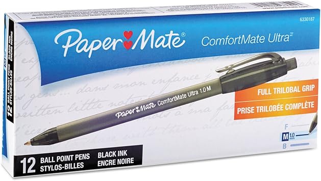 酷牌库|商品详情-Paper Mate进口代理批发 PaperMate 6330187 ComfortMate Ultra RT 笔，1.0mm 中号，黑色墨水，每支 12 支/DZ