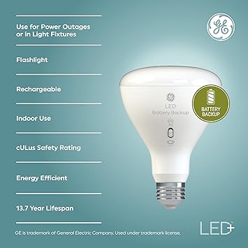 酷牌库|商品详情-GE进口代理批发 GE LED+ 电池备用 LED 灯泡、停电应急灯泡 + 手电筒、BR30 室内泛光灯（3 件装）