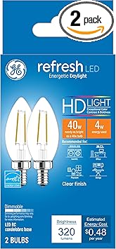 GE进口代理批发 GE Refresh LED 灯泡，蜡烛灯，40 瓦，日光透明装饰 B11 灯泡，小底座（8 件装）