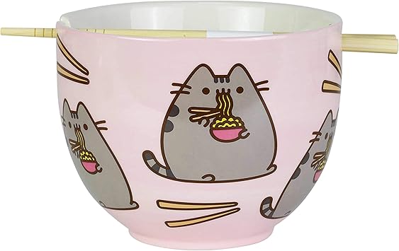 Enesco进口代理批发 Enesco Pusheen 我们的名字是泥拉面碗和筷子套装，4 英寸，粉色，18 液量盎司