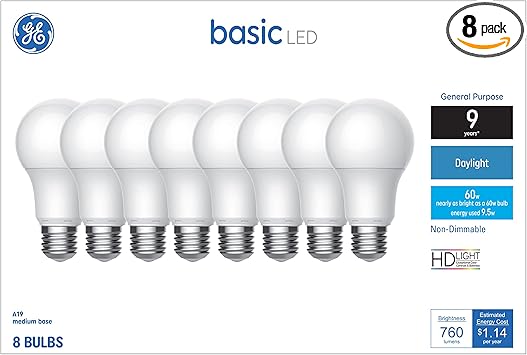 GE进口代理批发 GE 基本灯泡，60 瓦，日光，A19（8 件装）