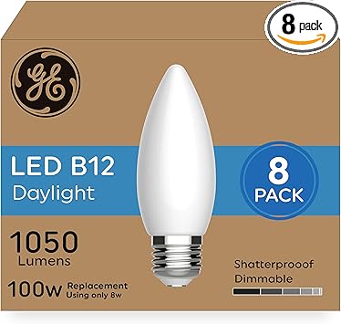 GE进口代理批发 GE 超亮 LED 灯泡，100W，日光蜡烛灯，磨砂装饰 B12 灯泡（8 件装）