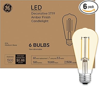 GE进口代理批发 GE 复古风格 LED 灯泡，60 瓦，琥珀色饰面，ST19 爱迪生风格灯泡（6 件装）