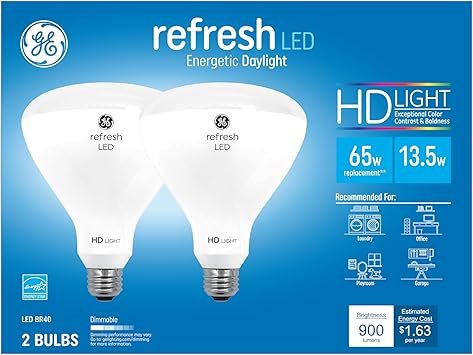 GE进口代理批发 GE Refresh LED 灯泡，65 瓦，日光，BR40 室内泛光灯（2 件装）