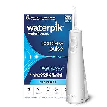 Waterpik进口代理批发 Waterpik 无绳脉冲充电式便携式水牙线，适用于牙齿、牙龈、牙套护理和旅行，配有 2 个牙线尖，防水，符合 ADA 标准，WF-20 白色，包装可能有所不同