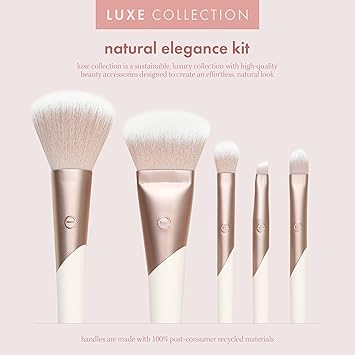 酷牌库|商品详情-EcoTools进口代理批发 EcoTools Luxe Natural Elegance 专业面部化妆和粉底刷套装，适用于面部、脸颊和眼部化妆的优质刷子套装，合成化妆刷，纯素且不含动物实验，5 件套