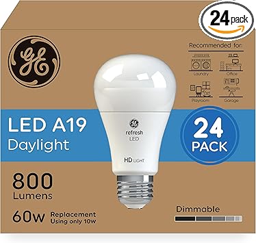 酷牌库|商品详情-GE进口代理批发 GE Refresh HD LED 灯泡，A19 能量日光 LED 灯泡，适用于办公室、车库、游戏室和洗衣房的可调光 LED 灯泡，等效 60 瓦（24 个装）