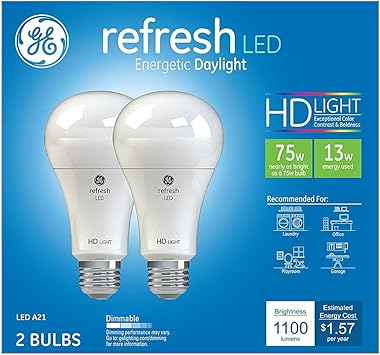 GE进口代理批发 GE Refresh LED 灯泡，75 瓦，日光，A19（2 件装）