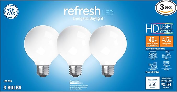 GE进口代理批发 GE Refresh LED 灯泡，40 瓦，日光，G25 球形灯泡，磨砂，中号底座（3 件装）