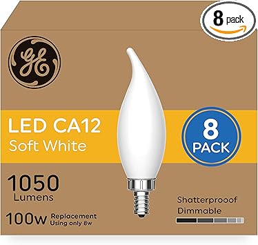 GE进口代理批发 GE 超亮 LED 灯泡，100W，柔和白色蜡烛灯，磨砂装饰 CA12 灯泡，烛台底座（8 件装）