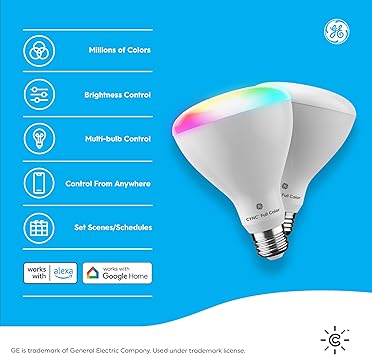 酷牌库|商品详情-GE进口代理批发 GE CYNC BR30 LED 智能灯泡，室内泛光灯泡，变色灯泡，WiFi 灯，适用于 Amazon Alexa 和 Google Assistant，9.5 瓦（2 件装）