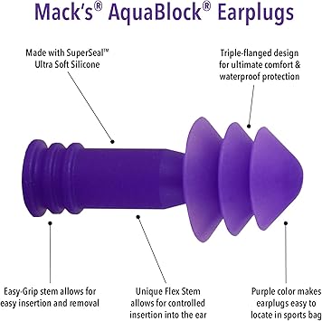 酷牌库|商品详情-Mack's进口代理批发 Mack's AquaBlock 游泳耳塞，1 对 - 舒适、防水、可重复使用的硅胶耳塞，适合游泳、浮潜、淋浴、冲浪和沐浴（紫色）