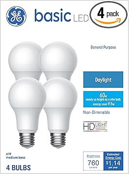 GE进口代理批发 GE 基本 LED 灯泡，60 瓦，日光，A19（4 件装）