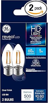 GE进口代理批发 GE Reveal LED 灯泡，蜡烛灯，60 瓦，透明装饰 B11 灯泡，中号底座（2 件装）