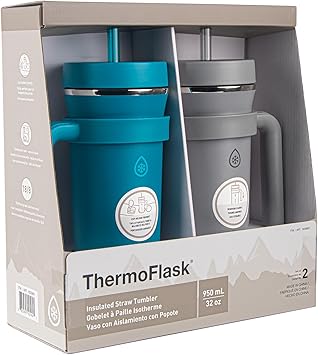 Thermoflask进口代理批发 ThermoFlask 优质双壁隔热不锈钢玻璃杯，带手柄和吸管盖，32 盎司，2 件装，水晶青色/圆形灰色