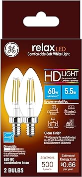 GE进口代理批发 GE Relax LED 灯泡，60 瓦，柔和的白色，装饰灯泡，透明，小底座（8 件装）