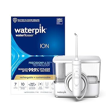 Waterpik进口代理批发 Waterpik ION 专业水牙线，可充电，便携式，适用于牙齿、牙龈、牙套，10 种设置，7 种牙线提示，适合多个用户和需求，符合 ADA 标准，WF-12 白色，包装可能有所不同