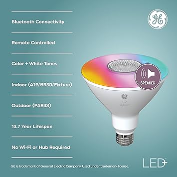 酷牌库|商品详情-GE进口代理批发 GE LED+ PAR38 LED 灯泡，户外变色无线蓝牙扬声器泛光灯，带遥控器，14W，多色 + 暖白色（1 件装）