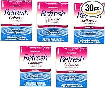 Refresh进口代理批发 Refresh Celluvisc 润滑剂舒缓眼部凝胶，0.01 盎司一次性小瓶，每盒 30 片（5 盒）