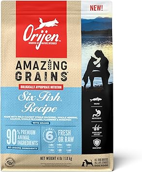 Orijen进口代理批发 ORIJEN AMAZING GRAINS 六种鱼配方干狗粮，高蛋白狗粮，新鲜或原料，4 磅