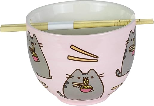 酷牌库|商品详情-Enesco进口代理批发 Enesco Pusheen 我们的名字是泥拉面碗和筷子套装，4 英寸，粉色，18 液量盎司