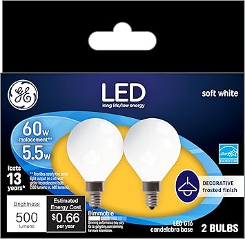 GE进口代理批发 GE LED 灯泡，60 瓦，柔和白色，G16 球形灯泡，磨砂，小底座（2 件装）