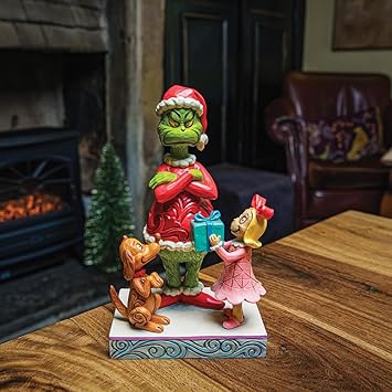 酷牌库|商品详情-Enesco进口代理批发 Enesco Dr. Seuss Grinch 由 Jim Shore Grinch Max 和 Cindy Lou 赠送礼物雕像，树脂手绘精制收藏圣诞雕像家居装饰雕像礼物，7.24 英寸，多色