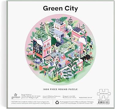 酷牌库|商品详情-Galison进口代理批发 Galison Green City 1000 片圆形拼图 - 成人 1000 片圆形拼图，具有 Bethany Robertson 精美艺术的挑战性拼图，厚实坚固的拼图，非常适合地球日