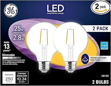 GE进口代理批发 GE LED 灯泡，25 瓦，柔和白色，G25 球形灯泡，透明，中号底座（2 件装）