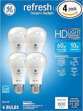 GE进口代理批发 GE Refresh LED 灯泡，60 瓦，日光，A19（4 件装）