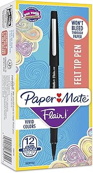 Paper Mate进口代理批发 Paper Mate Point Guard Flair 针尖笔，0.7 毫米，黑色墨水/笔管，1 打装出售