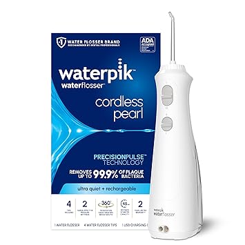 Waterpik进口代理批发 Waterpik 无绳珍珠充电式便携式水牙线，适用于牙齿、牙龈、牙套护理和旅行，配有 4 个牙线尖 - 符合 ADA 标准，WF-13 白色，包装可能有所不同