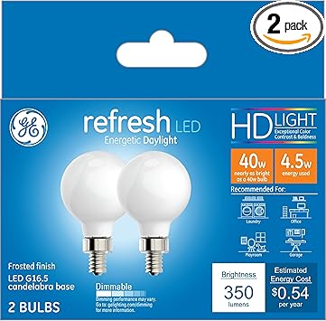 GE进口代理批发 GE Refresh LED 灯泡，40 瓦，日光，G16.5 球形灯泡，磨砂，小底座（2 件装）