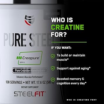 酷牌库|商品详情-SteelFit进口代理批发 SteelFit 纯钢 Creapure |德国一水肌酸粉| 100 份 |无味|男士和女士增肌补充剂 |无麸质和纯素肌肉恢复