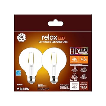 GE进口代理批发 GE Relax LED 灯泡，40 瓦，柔和白色，G25 球形灯泡，透明，中号底座（2 件装）