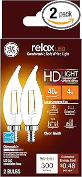 GE进口代理批发 GE Relax LED 灯泡，40 瓦，柔和的白色，装饰灯泡，小底座（2 件装）