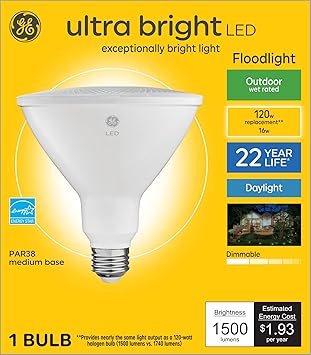 GE进口代理批发 GE 超亮 LED 灯泡，120 瓦，PAR38 户外泛光灯，日光（1 件装）