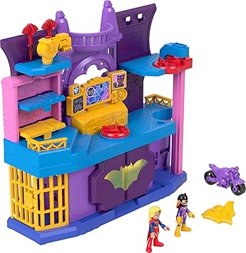 Fisher-Price进口代理批发 Fisher-Price Imaginext DC 超级朋友学前玩具蝙蝠女英雄藏身处玩具套装，含 2 个人物和 5 个配件，适合 3 岁以上儿童