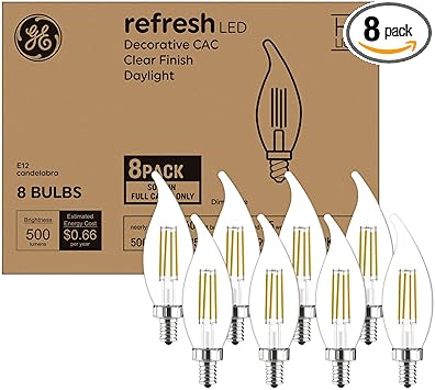 GE进口代理批发 GE Refresh LED 灯泡，60 瓦当量，日光，装饰灯泡，小底座（8 件装）