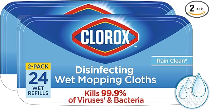 Clorox进口代理批发 Clorox 消毒湿拖把垫，一次性拖把头，多表面地板湿巾，雨水清洁，2 包，每包 24 个湿补充装（包装可能有所不同）